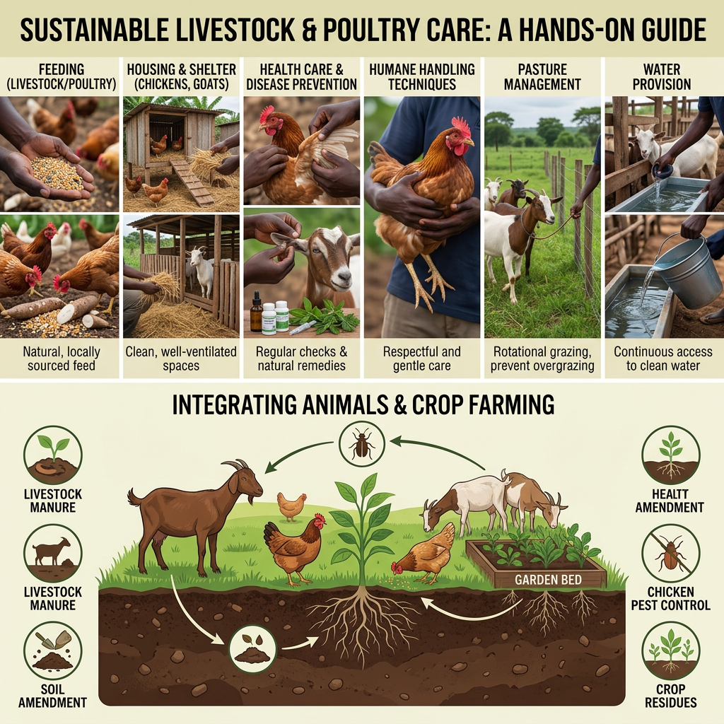 Educational infographic about raising healthy farm animals sustainably, demonstrating animal care practices. showing feeding livestock and poultry with natural feed, proper housing and shelter for chickens, goats