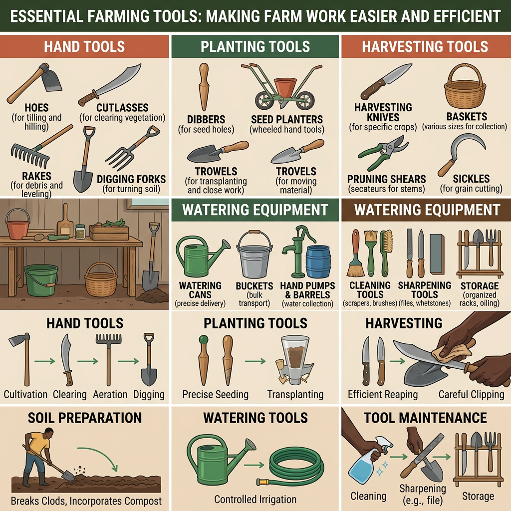 Educational infographic about essential farming tools and equipment - hand tools collection - hoes, cutlasses, rakes, shovels, forks, planting tools