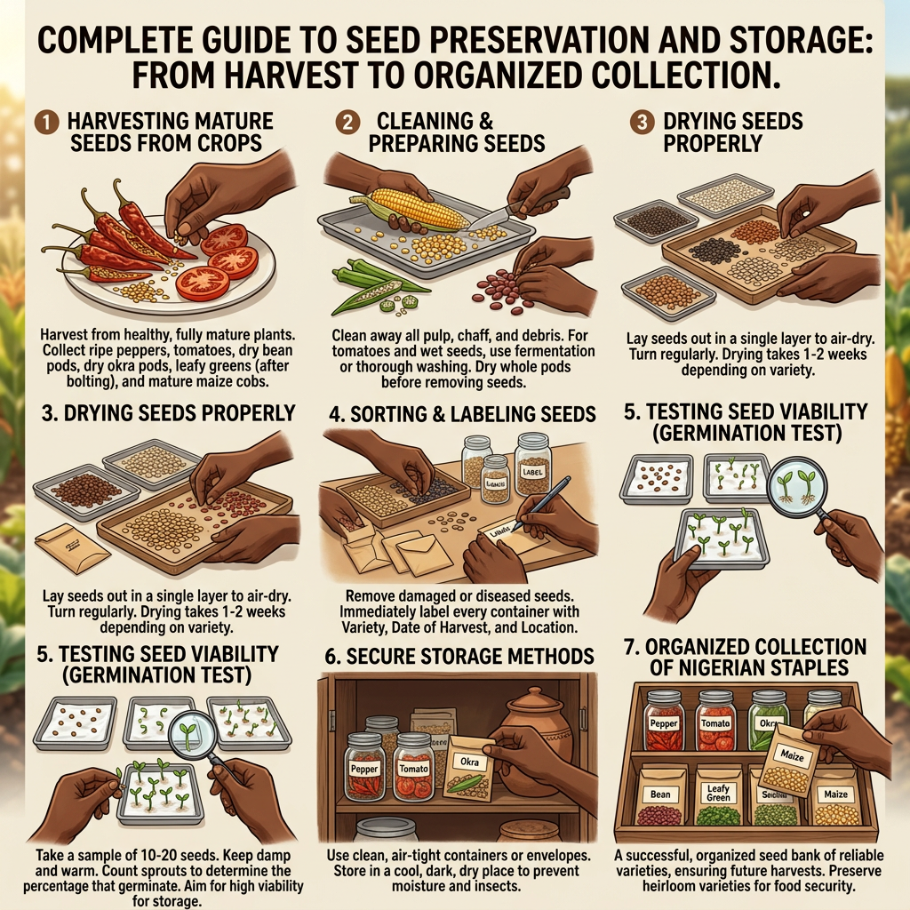 Educational infographic about seed preservation, demonstrating seed saving techniques, harvesting seeds from mature crops (peppers, tomatoes, okra, beans), drying seeds properly, cleaning