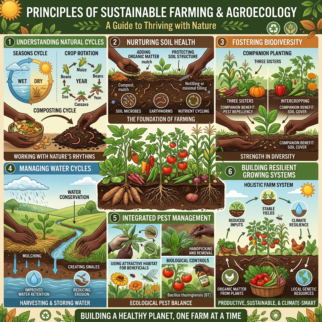 Educational infographic about agricultural principles and sustainable farming fundamentals. demonstrating core farming concepts Include visual sections showing natural cycles (seasons, crop rotation, composting cycle), soil health