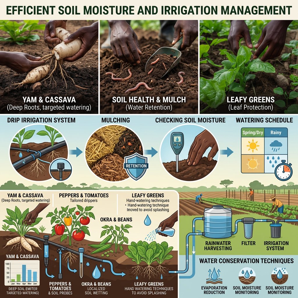 Educational infographic about moisture and irrigation management demonstrating efficient watering techniques. showing drip irrigation systems, mulching to retain moisture, checking soil moisture levels,