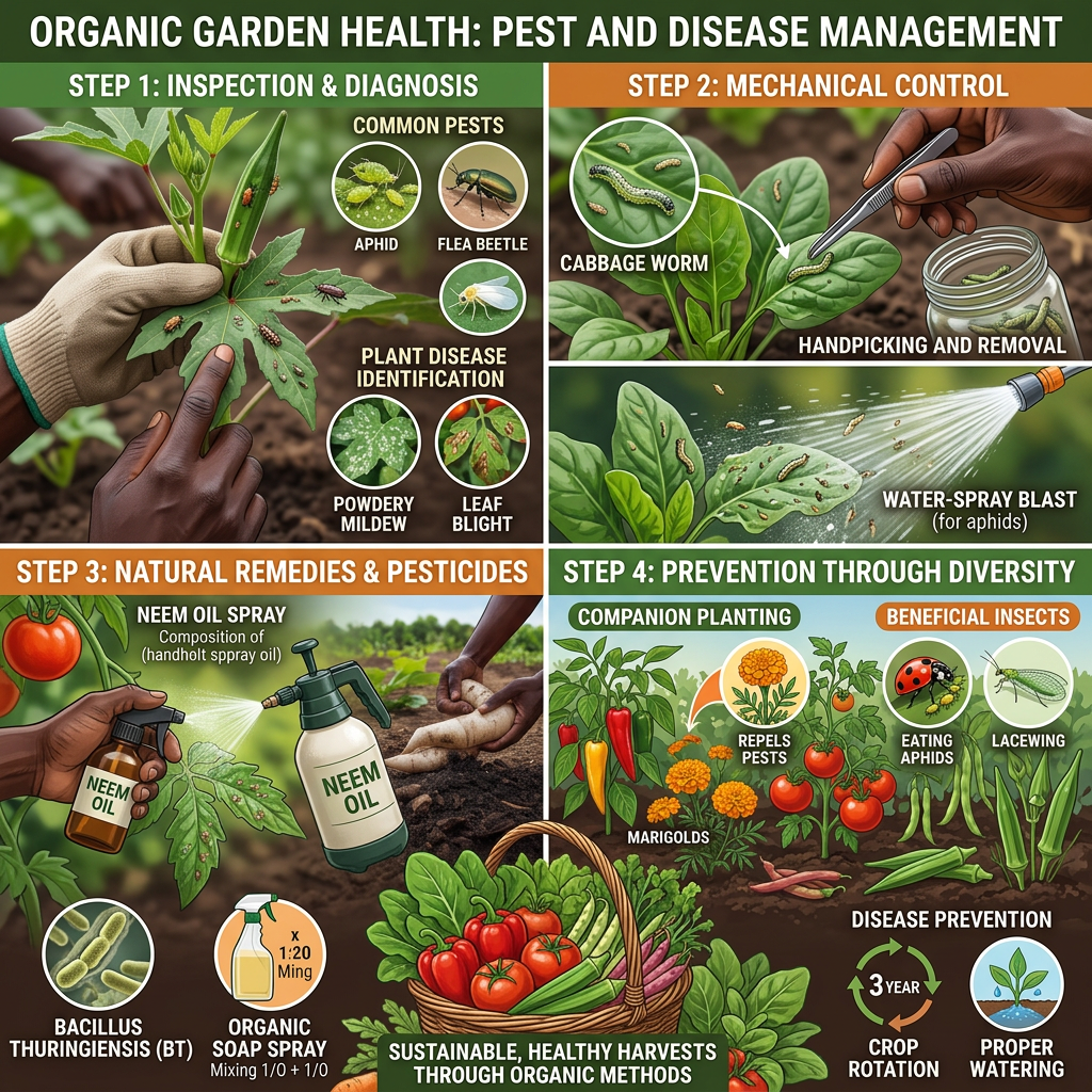 organic pest and disease management, hands inspecting plants for pests, applying natural remedies, and demonstrating prevention methods, common pests on crops, plant disease