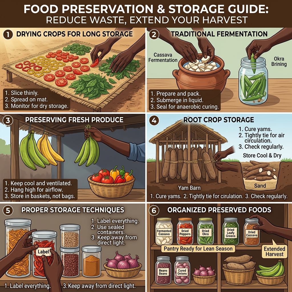 infographic about food preservation, demonstrating various preservation methods, drying crops (peppers, tomatoes, leafy greens), fermenting vegetables, proper storage technique