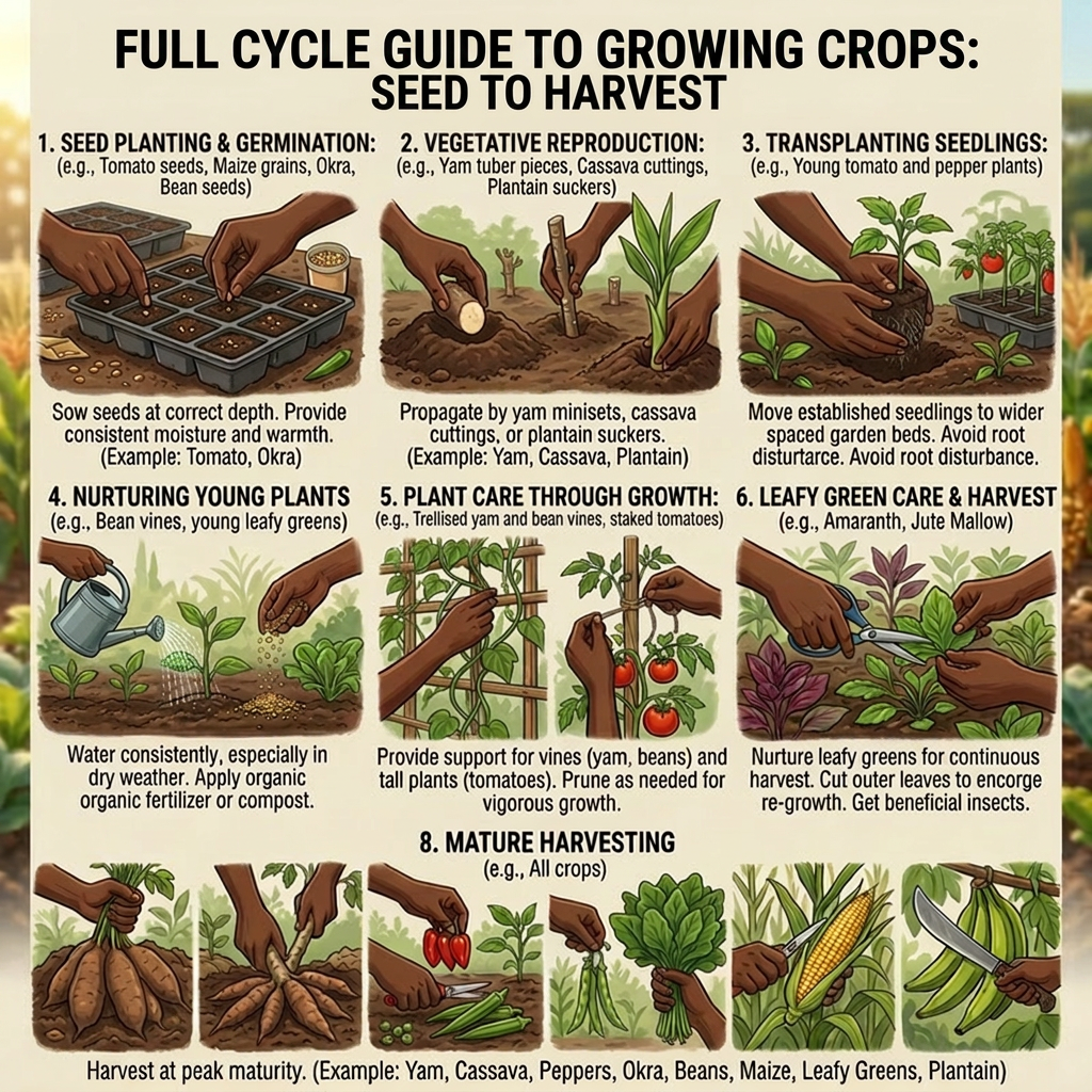 Educational sustainable farming scene showing step-by-step process of growing diverse crops including yam, cassava, plantain, okra