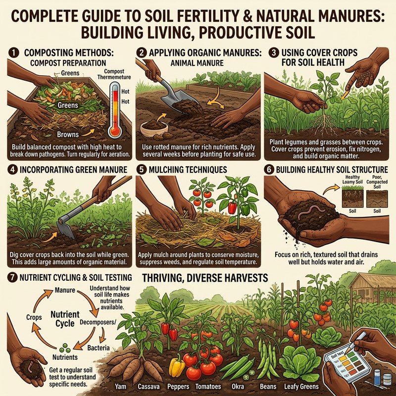 Infographic about soil fertility and manure demonstrating natural soil building techniques, showing composting methods and compost preparation, applying organic manures (animal manure, green manure)